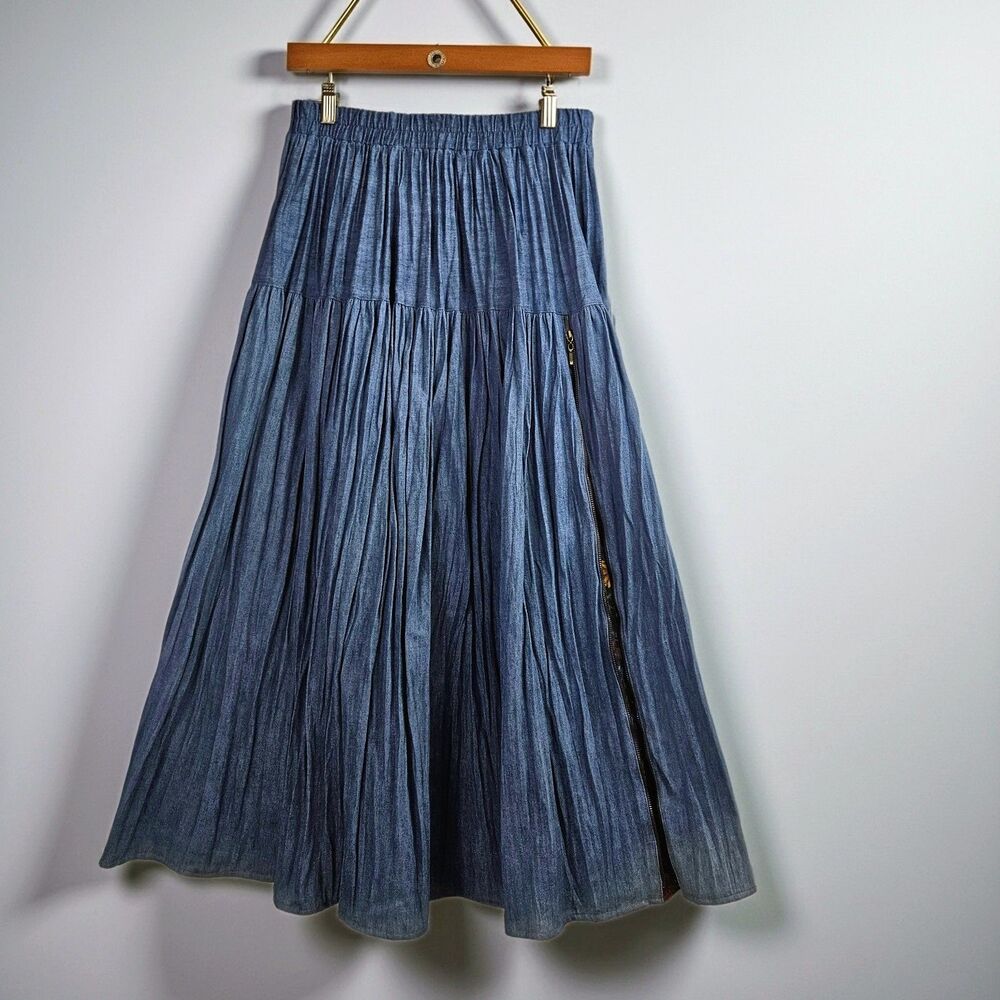 Vintage Maxi Denim Broomstick Skirt with Hidden Floral Accent Sz M